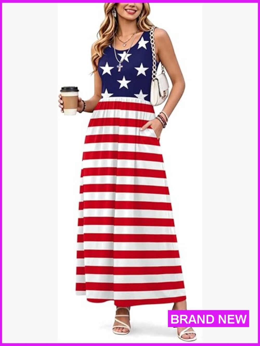 Maxi Dress Sleeveless Patriotic Print Sundress with Pockets - Picture 1 of 7